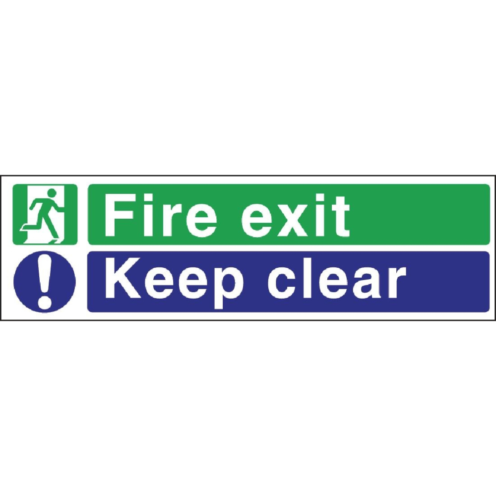 Vsafety Cartello Uscita Antincendio 14012bj-r2 - 'Fire Exit/Keep Clear' In Plastica Rigida 2mm. Dimensioni 450x150 Mm. Conforme ISO 7010. Alta Visibilità.
